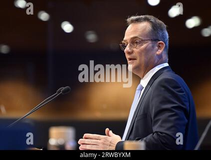 Eupen, Belgium. 18th Sep, 2023. German Community Minister President Oliver Paasch pictured during a plenary session of the parliament of the Deutschsprachige Gemeinschaft Belgiens (German-speaking community of Belgium) in Eupen on Monday 18 September 2023. BELGA PHOTO ERIC LALMAND Credit: Belga News Agency/Alamy Live News Stock Photo