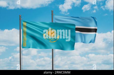 Kazakhstan and Botswana flags waving together in the wind on blue ...