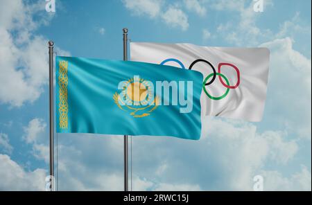 Olympic Games and Kazakhstan flags waving together in the wind on blue ...