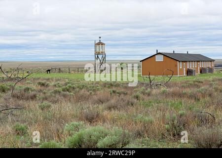 Granada Relocation Center  internment camp reconstructed barracks and guard tower on high plains of eastern Colorado Stock Photo