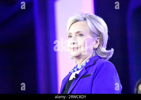 Manhattan, United States. 18th Sep, 2023. Hillary Rodham Clinton delivers remarks at the Clinton Global Initiative 2023 Meeting in Manhattan. (Photo by Kyle Mazza/SOPA Images/Sipa USA) Credit: Sipa USA/Alamy Live News Stock Photo