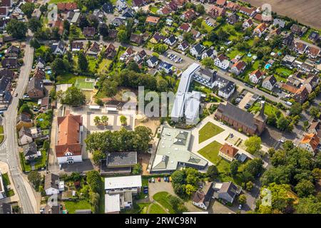 Aerial view, Caritas retirement home St. Josef and catholic church Heilig Kreuz Kirche, Herringen district, Hamm, Ruhr area, North Rhine-Westphalia, G Stock Photo