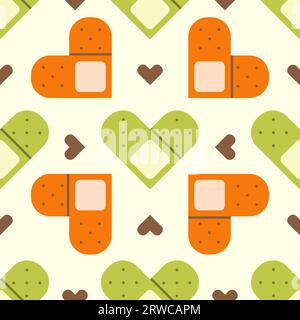 Flat cute seamless pattern of medical plaster with hearts. Blood donation print design in doodle style.. Stock Vector
