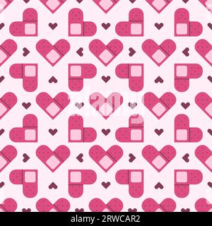 Flat cute seamless pattern of medical plaster with hearts. Blood donation print design in doodle style.. Stock Vector
