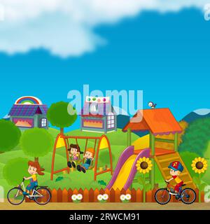 cartoon scene with kids playing at funfair amusement park or playground funny illustration Stock Photo