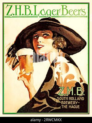 Vintage 1920s Poster card by Jacob Jansma for Z.H.B. Lager Beers Z.H.B. South Holland Brewery - The Hague Holland. Z.H.B. Lager Beers, from the South Holland Brewery (a.k.a. Zuid Hollandse Bierbrouwerijen Stock Photo