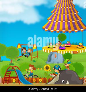 cartoon scene with kids playing at funfair amusement park or playground funny illustration Stock Photo