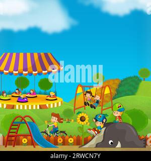 cartoon scene with kids playing at funfair amusement park or playground funny illustration Stock Photo