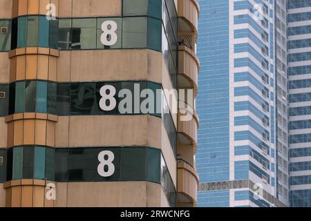 white Number 888 three eights on the buildings windows Stock Photo