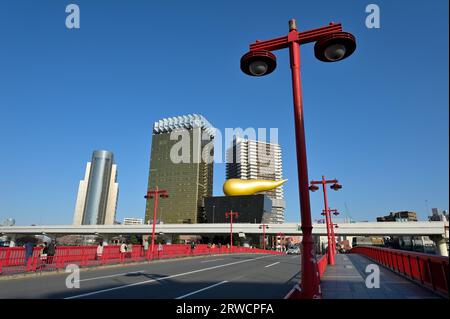 The most recognizable Asahi Group Holdings, Ltd. headquarters designed by Philippe Starck, Tokyo JP Stock Photo