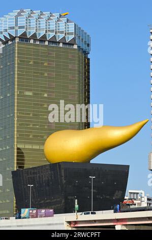 The most recognizable Asahi Group Holdings, Ltd. headquarters designed by Philippe Starck, Tokyo JP Stock Photo