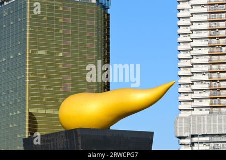 The most recognizable Asahi Group Holdings, Ltd. headquarters designed by Philippe Starck, Tokyo JP Stock Photo