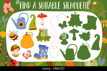 Find a suitable of autumn leaves, animals, plants and gnome garden tools. Kid quiz with similarity search task, shadow match game vector worksheet with watering can, pumpkin, boot, mushroom, bumblebee Stock Vector