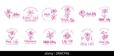 Lily flowers minimal icons for oil, natural cosmetics and beauty, vector floral symbols. White lily flowers with pink petal blossoms for beauty salon, lily extract essential oil and skincare cream Stock Vector