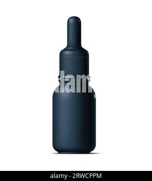 Realistic black cosmetics bottle, tube and plastic container. Isolated 3d vector mockup of the flask with a pipette or dropper for controlled and easy oil or serum beauty product dispensing Stock Vector