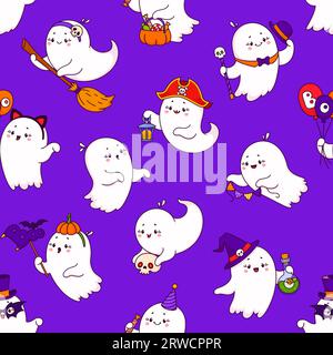 Cartoon Halloween kawaii cute ghosts seamless pattern. Vector wallpaper or tile background with adorable baby spooks wear witch hat, holding broomstick and pumpkin, lantern or garland holiday decor Stock Vector