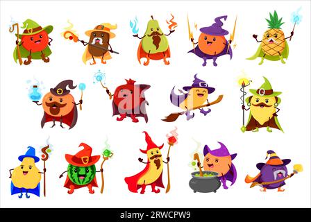 Cartoon fruits wizard or mage characters, vector funny apple and banana sorcerer. Cute pineapple mage with orange magician, watermelon, pear in witch hat or apricot with magic wand and potion cauldron Stock Vector