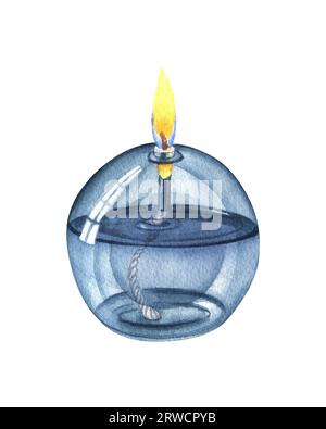 Watercolor illustration with oil lamp made of blown glass on white background. Perfect for greeting cards, invitations, and other printing projects Stock Photo