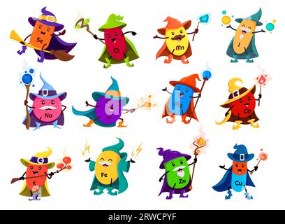 Cartoon mineral and micronutrient wizard or mage characters, vector funny pills. Calcium mage, zinc and potassium sorcerer or iron cartoon mineral in wizard hat with magic wand and witch spell Stock Vector