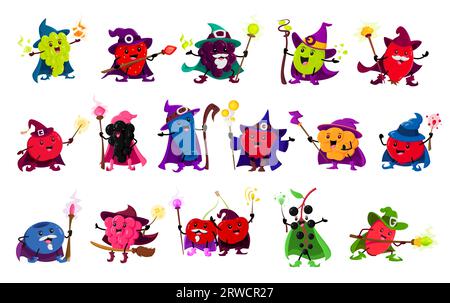 Cartoon berry wizard, magician or mage characters, vector funny strawberry and cherry sorcerers. Cute blueberry mage with blackberry magician, raspberry and grape witch hat with magic wand and potion Stock Vector