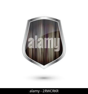 Wooden vintage shield icon. Black heraldic shield. Protection and security symbol, label. Vector illustration Stock Vector