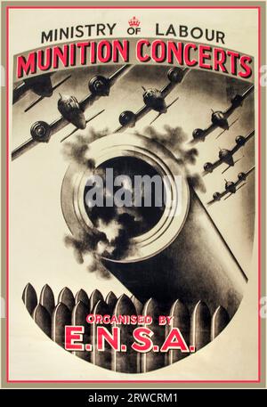 Vintage WW2 UK British propaganda poster: Munition Concerts, Ministry of Labour, organised by the newly formed Entertainments National Service Association (ENSA) at the beginning of World War Two. Image shape of a shield featuring  barrel of a large cannon with smoke coming out. Fighter planes flying overhead, .1939, Great Britain UK Stock Photo