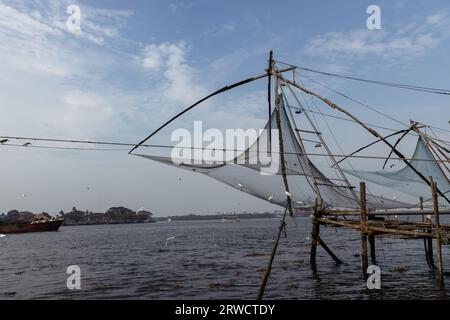 beautiful twilight scene of Kochi chinese fishnets in Kochi, Kerala. Fort Kochin, south India Stock Photo