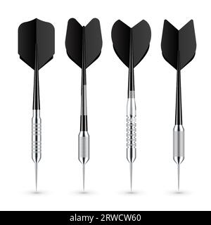 Black dart arrows with metal tip and shadow. Dart throwing sport game, dartboard equipment. Vector illustration Stock Vector