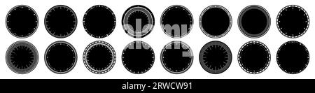 Mechanical clock faces, bezel. Watch dial with minute and hour marks. Timer or stopwatch element. Blank measuring circle scale with divisions. Vector Stock Vector