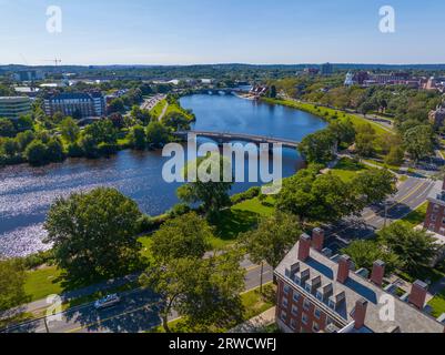 John W. Weeks Footbridge aerial view across Charles River, connects campus of Harvard University in city of Cambridge and Boston, Massachusetts MA, US Stock Photo