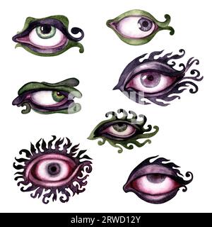 Watercolor fantastic abstract eyes for Halloween, esotericism, magic, witchcraft and mysticism. Elements isolated on white background Stock Photo