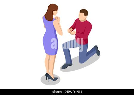Isometric man kneels in front of a woman and holds a wedding ring. Wedding, family and love. Creating a new family. Wedding ring and gift box Stock Vector
