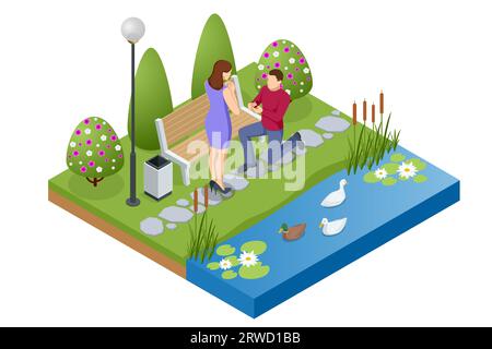 Isometric man kneels in front of a woman and holds a wedding ring. Wedding, family and love. Creating a new family. Wedding ring and gift box Stock Vector