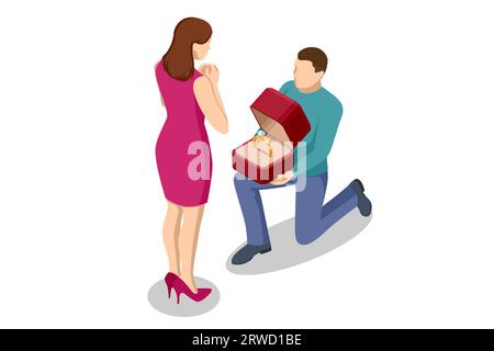 Isometric man kneels in front of a woman and holds a wedding ring. Wedding, family and love. Creating a new family. Wedding ring and gift box Stock Vector