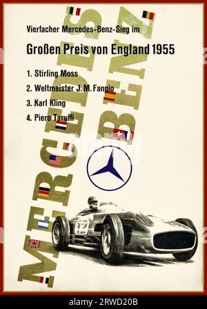 GRAND PRIX POSTER MERCEDES BENZ 1955 BRITISH GRAND PRIX FORMULA ONE Vintage Poster published in German by Mercedes Benz to celebrate the four wins of its drivers at the 1955 British Grand Prix Vierfacher Mercedes-Benz-Sieg im Grossen Preis von England 1955 1. Stirling Moss (b 1929) winning his first Formula One race; 2. Juan Manuel Fangio (1911-1995); 3. Karl Kling (1910-2003); and 4. Piero Taruffi (1906-1988) featuring a dynamic design depicting a black and white image of a number 12 Mercedes Benz W196 sports car speeding below the Mercedes logo1955 British Grand Prix Formula One motor race w Stock Photo