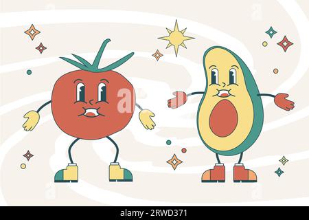 Groovy Cute Illustration of Tomato and Avocado Characters Stock Vector