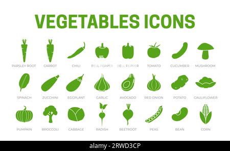 Green Vegetables Icon Set of Parsey Root, Carrot, Chilli, Paprika, Pepper, Tomato, Cucumber, Mushroom, Spinach, Zucchini, Eggplant, Garlic, Onion, Pot Stock Vector