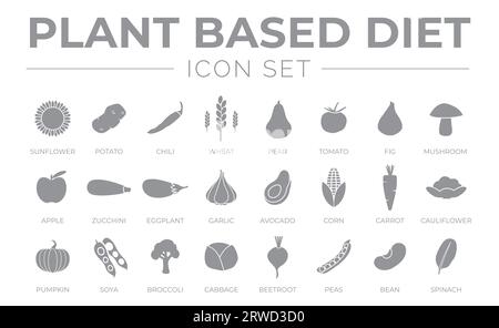 Colorful Plant Based Diet Gray Icon Set of Sunflower, Potato, Chilli, Wheat, Pear, Tomato, Fig, Mushroom, Apple, Zucchini, Eggplant, Garlic, Avocado, Stock Vector
