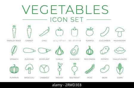Outline Vegetables Icon Set of Parsey Root, Carrot, Chilli, Paprika, Pepper, Tomato, Cucumber, Mushroom, Spinach, Zucchini, Eggplant, Garlic, Onion, P Stock Vector