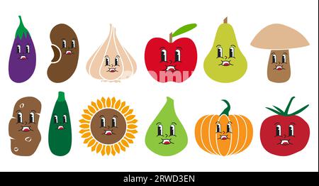 Groovy Cute Vegetable and Fruit Set of Eggplant, Bean, Garlic, Apple, Pear, Mushroom, Potato, Zucchini, Sunflower, Fig, Pumpkin and Tomato Characters Stock Vector