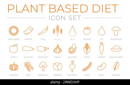 Thin Outline Plant Based Diet Icon Set of Sunflower, Potato, Chilli, Wheat, Pear, Tomato, Fig, Mushroom, Apple, Zucchini, Eggplant, Garlic, Avocado, C Stock Vector