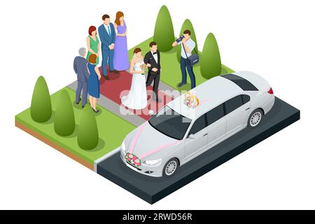 Wedding car decoration. Isometric limousine in wedding day. The bride and groom near the wedding limousine Stock Vector