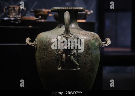 Istanbul, Turkey - September 16 2023: Greek bronze hydria vase in Istanbul Archaeological Museums. Dates from  5th century BCE found in Bursa Stock Photo