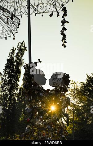 Lovers Lock sculpture called "Love in the Rain", Queen Elizabeth Park, Vancouver, British Columbia, Canada. Stock Photo