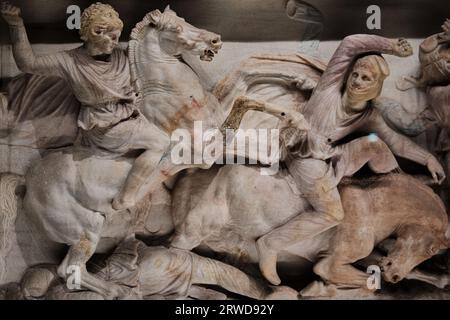 Istanbul, Turkey - September 16 2023: Alexander Sarcophagus in Istanbul Archaeological Museums. Adorned with relief carvings of Alexander the Great Stock Photo