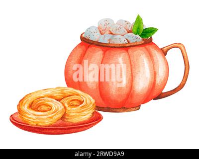 Beautiful pumpkin mug and fragrant pastries. Hot drink with marshmallows. Autumn decor, autumn mood, cozy home. Watercolor composition for design of c Stock Photo