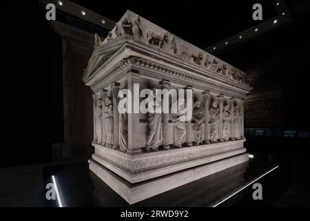 Istanbul, Turkey - September 16 2023: Marble Sarcophagus of the Mouring Women in Istanbul Archaeological Museums. Dates from 350 BCE Stock Photo