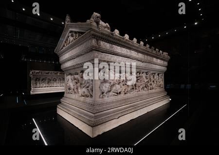 Istanbul, Turkey - September 16 2023: Alexander Sarcophagus in Istanbul Archaeological Museums. Adorned with relief carvings of Alexander the Great Stock Photo