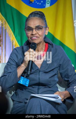 Brazilian Environment Minister Marina Silva during the first edition of Brazil in focus: greener and committed to sustainable development, which addresses examples of public policies, business and investment opportunities in Brazil in ecological and energy transition, decarbonization and infrastructure aimed at sustainable growth. Promoted by the National Confederation of Industry (CNI) and Federation of Industries of the State of São Paulo (FIESP) on the New York Stock Exchange in the United States this Monday, September 18, 2023. Credit: Brazil Photo Press/Alamy Live News Stock Photo