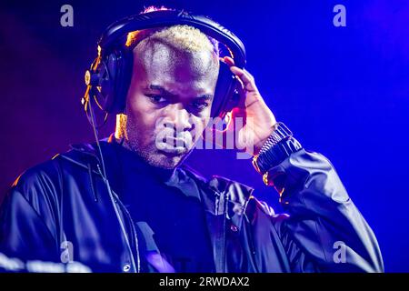 Milan, Italy. 18th Sep, 2023. The British electronic musician and dj Darren J. Cunningham known on stage as ACTRESS performs live on stage at Fabrique opening the show of James Blake. Credit: Rodolfo Sassano/Alamy Live News Stock Photo